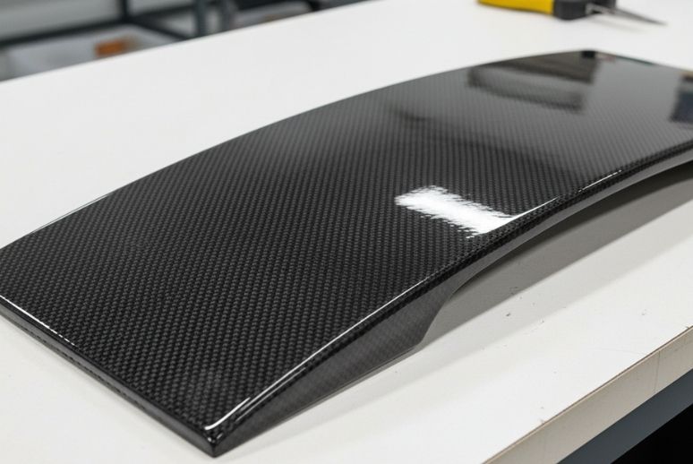 Glossy carbon fiber panel on a white worktable with a yellow-handled screwdriver in the background.