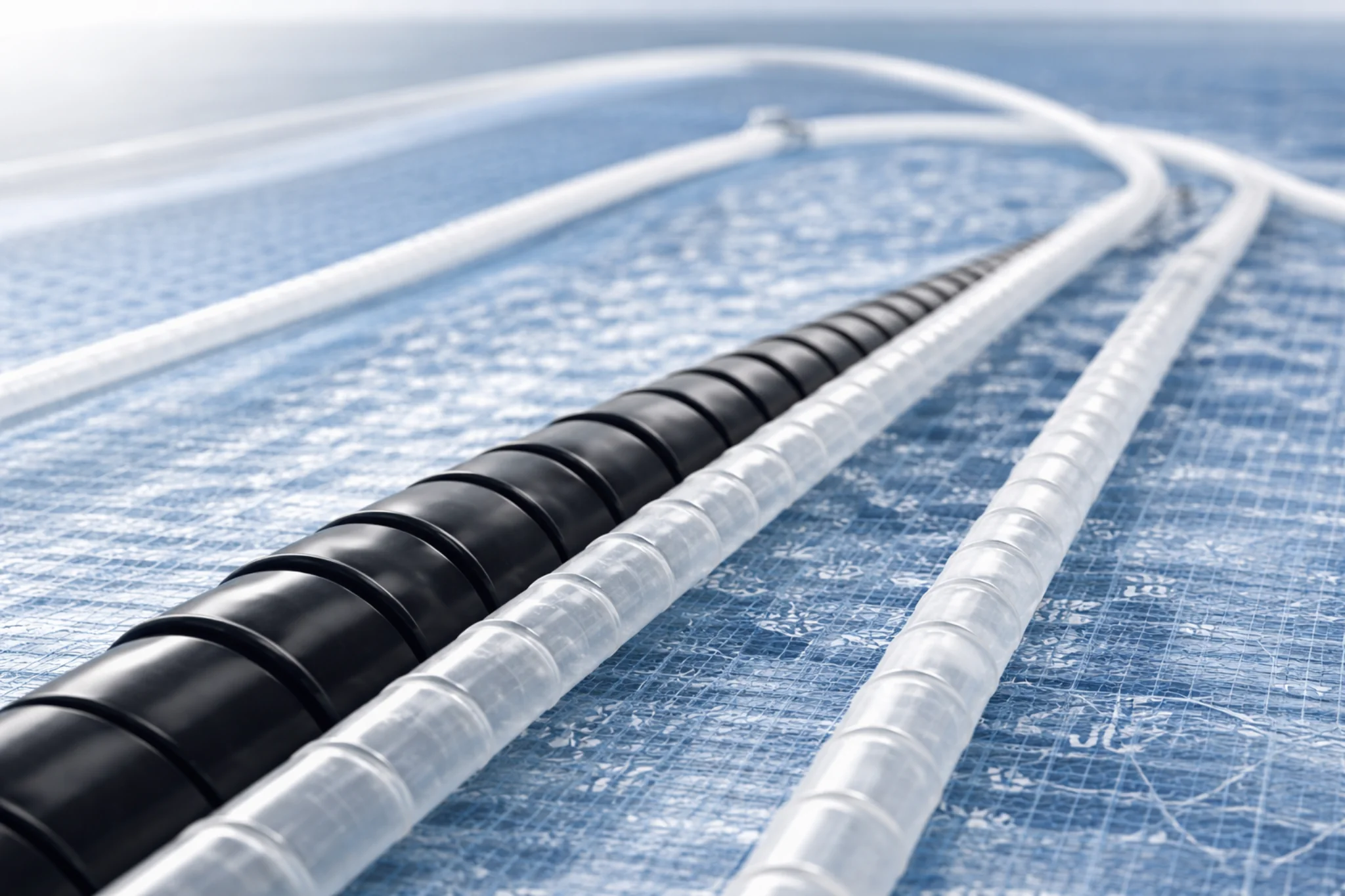 Close-up of clear and black flexible tubes laid out along a blue tiled pool surface, likely part of a pool heating system.