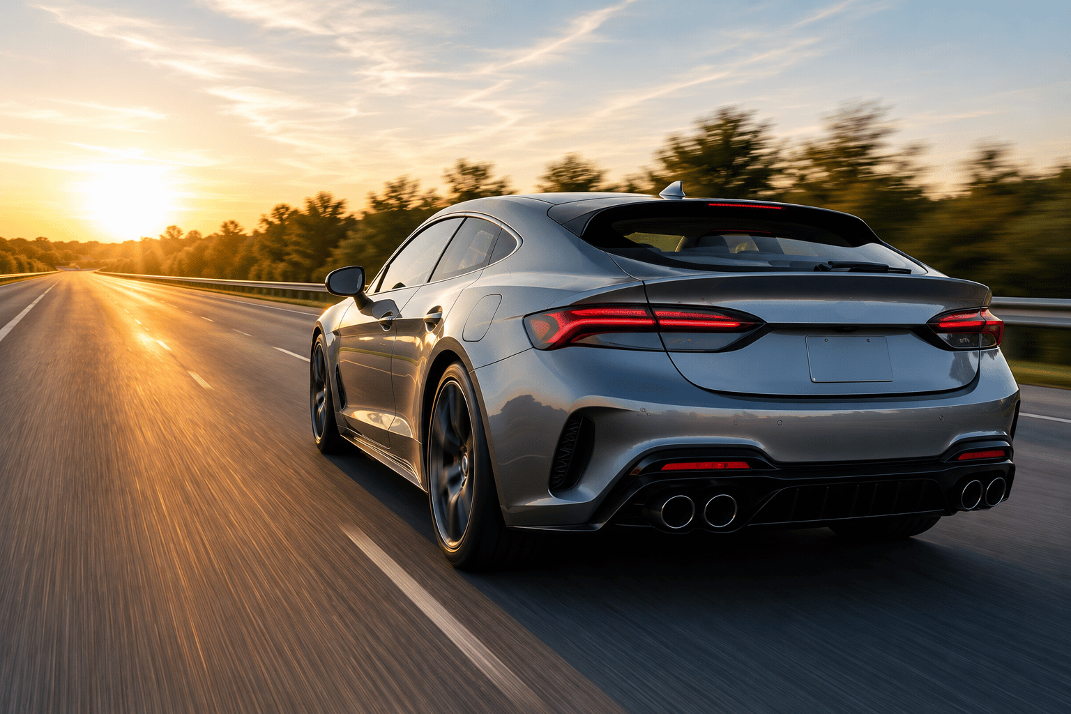 Silver sports car driving on a sunlit highway at sunset, rear view with taillights illuminated and motion blur of road markings behind.