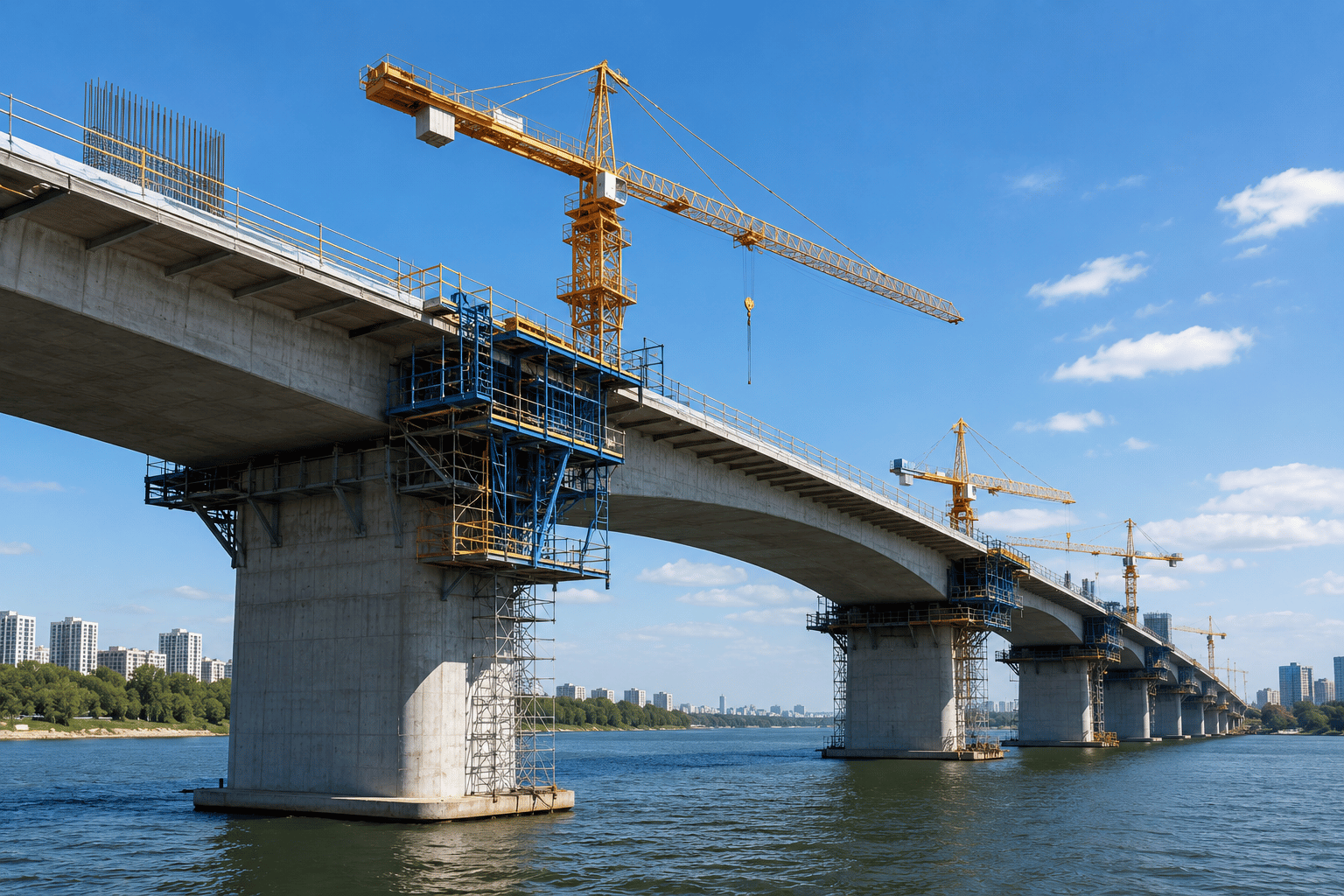 Under-construction bridge over a river with yellow cranes and blue scaffolding beneath a clear blue sky