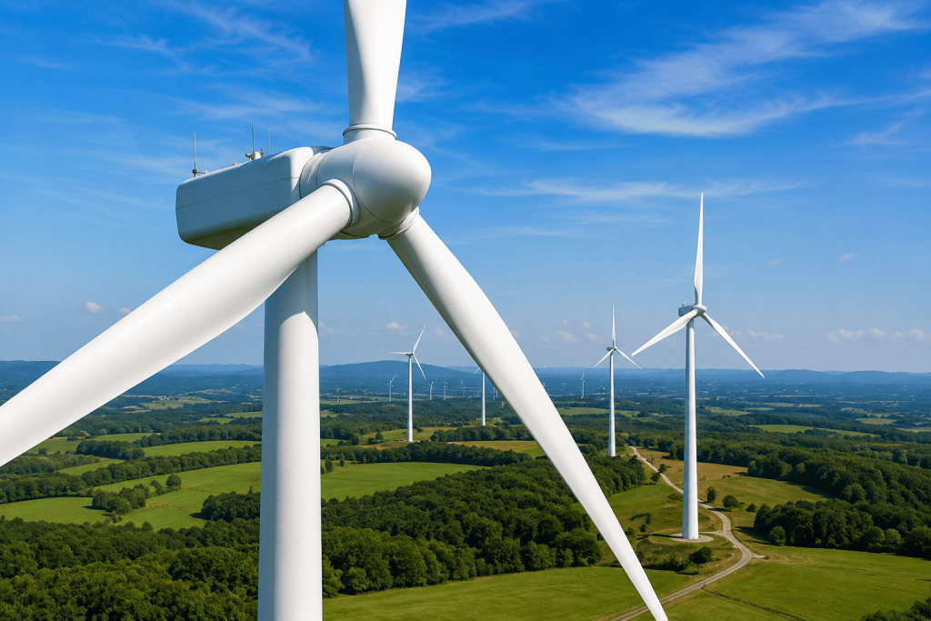 Wind turbine close-up with long blades over a green rural landscape under a blue sky.